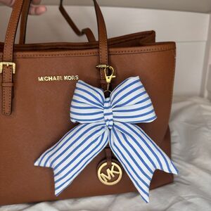 Puffy Bow charm - Blue and white stripped- gold hardware